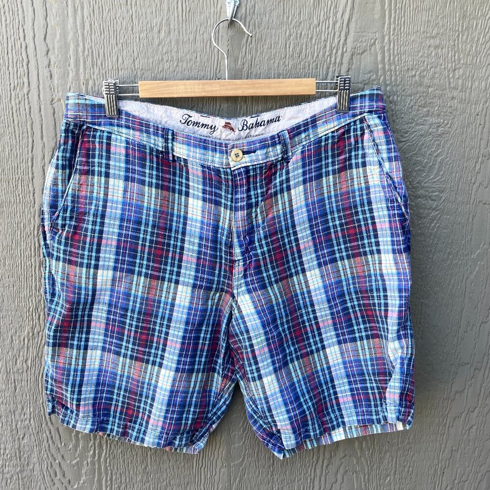 Tommy Bahama Men's Size 35 Linen Blend Plaid Madras Blue Summer Shorts